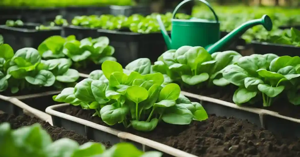 A sunny garden with rows of vibrant green spinach plants, surrounded by rich, dark soil. A watering can and gardening tools sit nearby, ready for use