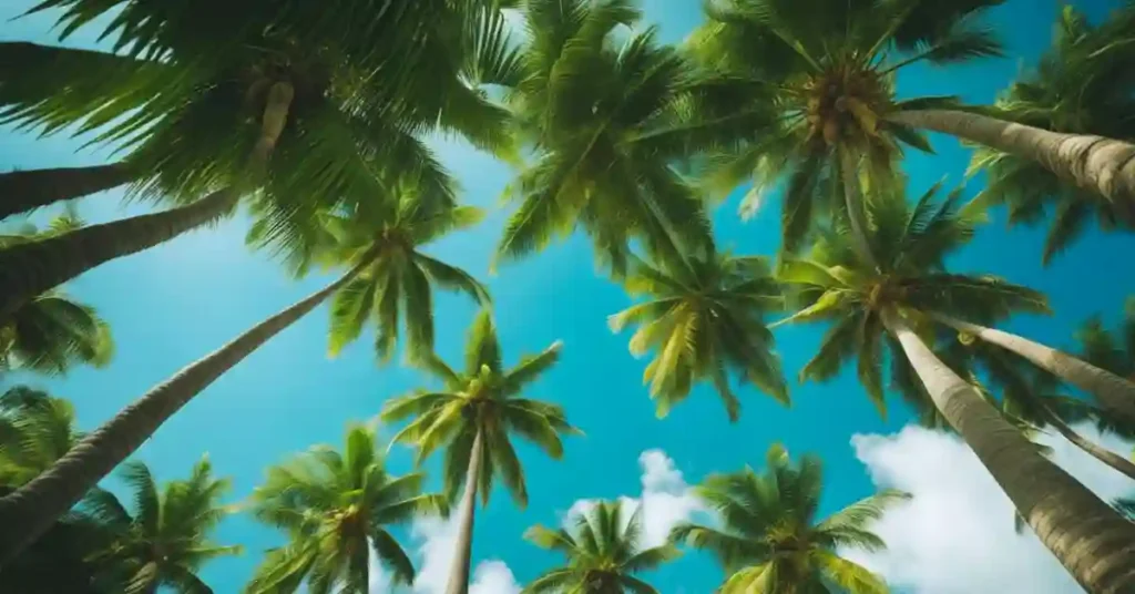 Coconuts growing on palm trees, surrounded by lush green foliage, with a clear blue sky in the background