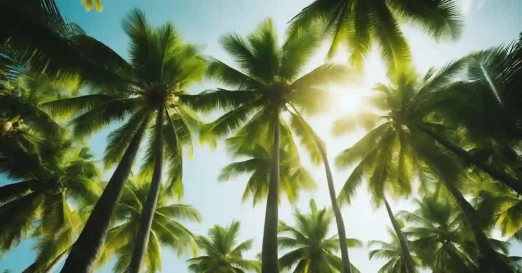 Coconut trees stand tall in a lush tropical setting, with coconuts hanging from the branches and the sun shining overhead