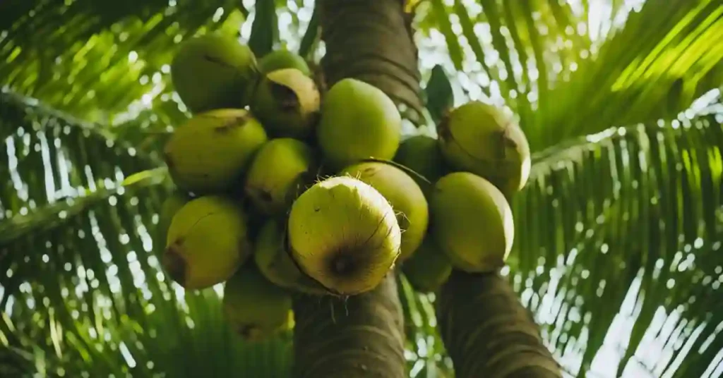 Coconuts being harvested from a tall coconut tree