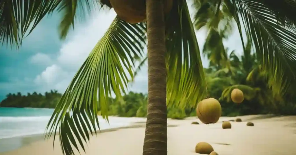 A healthy coconut tree stands tall in sandy soil, with lush green fronds and several coconuts hanging from its branches