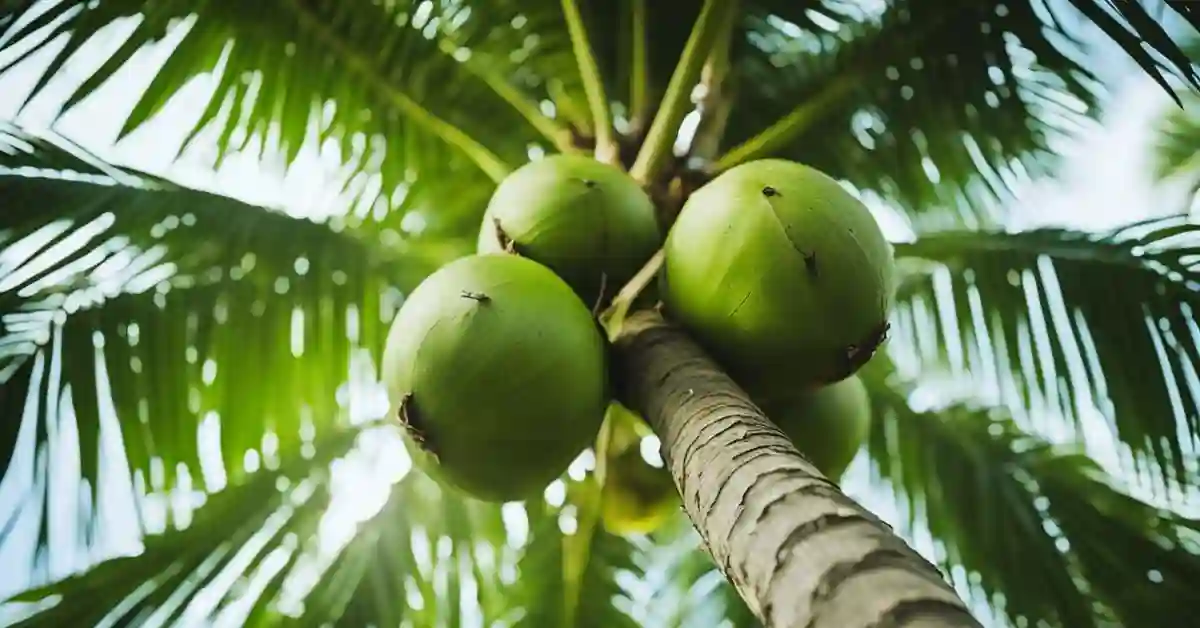 A coconut tree with green fronds and a cluster of coconuts growing on its trunk