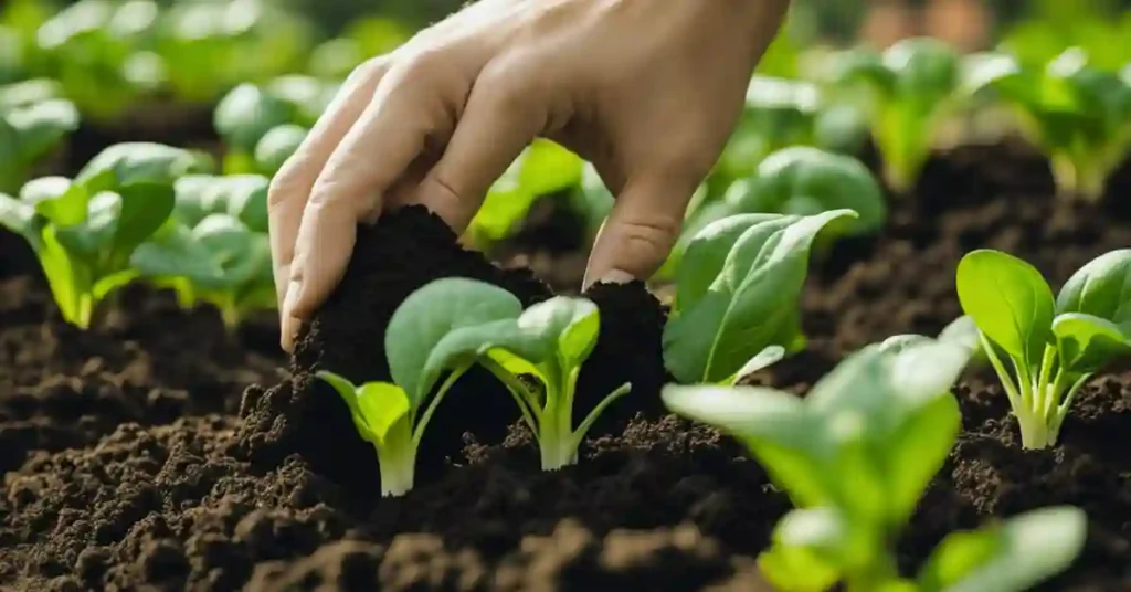 A hand scoops rich, dark soil into a garden bed, preparing the perfect foundation for growing spinach