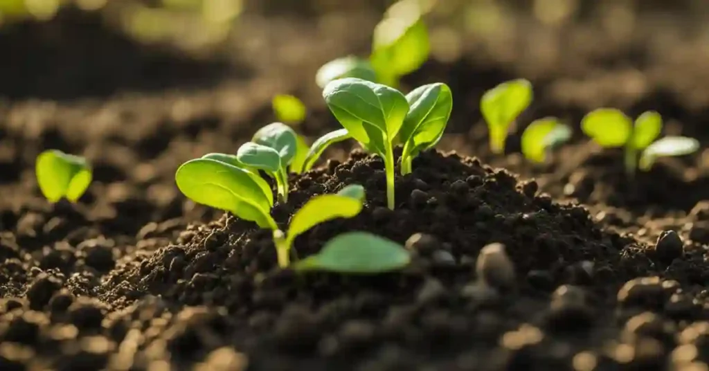 Spinach seeds are being planted in rich, well-drained soil. The sun shines down as the seeds are gently covered with a thin layer of soil
