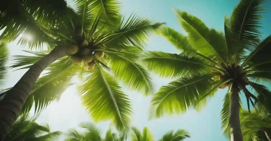 A coconut tree stands tall, with a cluster of coconuts growing at the top. The green fronds sway gently in the breeze