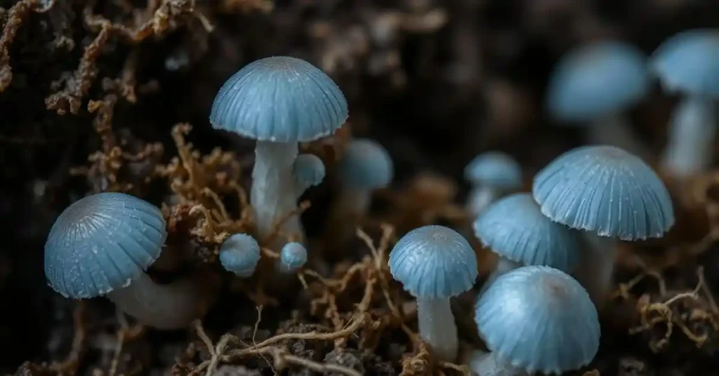 Blue Oyster Mushroom Growth Stages A close-up view of blue oyster mushroom