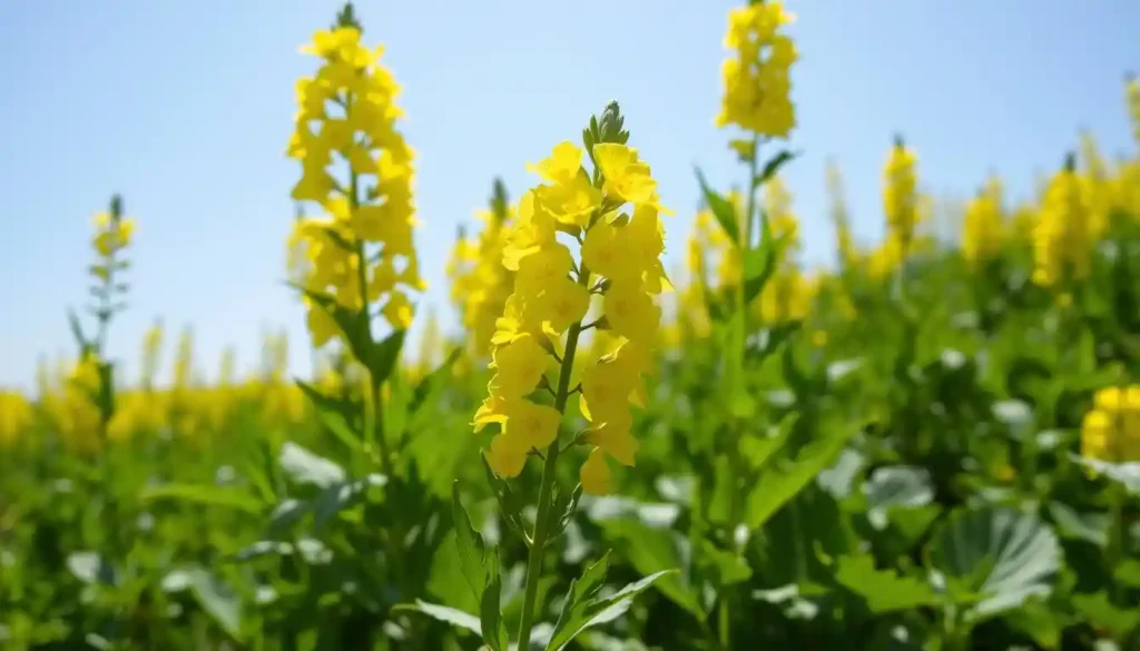 Vibrant canola plant in a lush green field