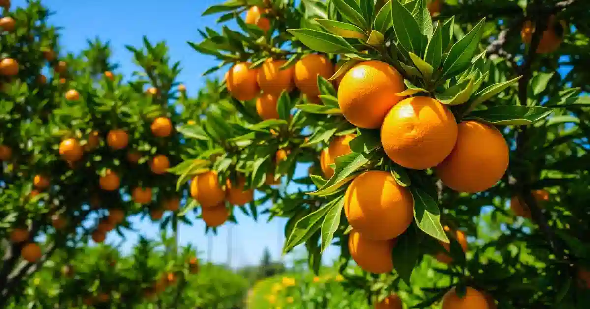 A Washington Navel Orange Tree with bright green leaves and orange fruit hanging from its branches in a sunny garden