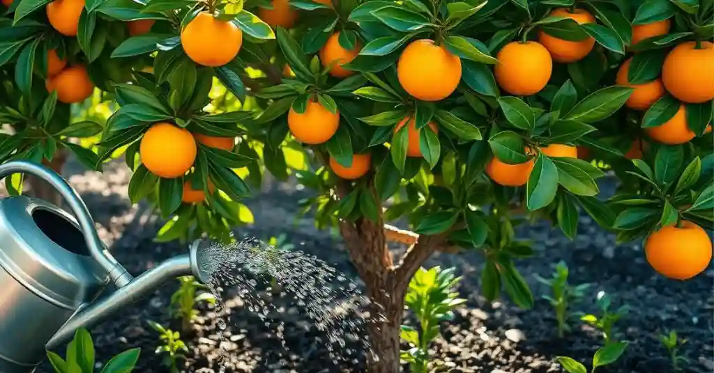Washington Navel Orange Tree, Citrus sinensis at Your Local Nursery A lush garden scene featuring a Washington orange tree, vibrant green leaves, and bright oranges hanging from branches. Include a watering can gently pouring water at the base of the tree, with droplets