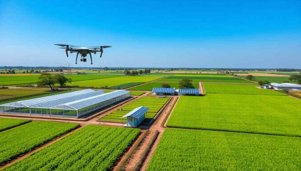 Everything You Need to Know About UP Agriculture Aerial view of a futuristic farm in Uttar Pradesh