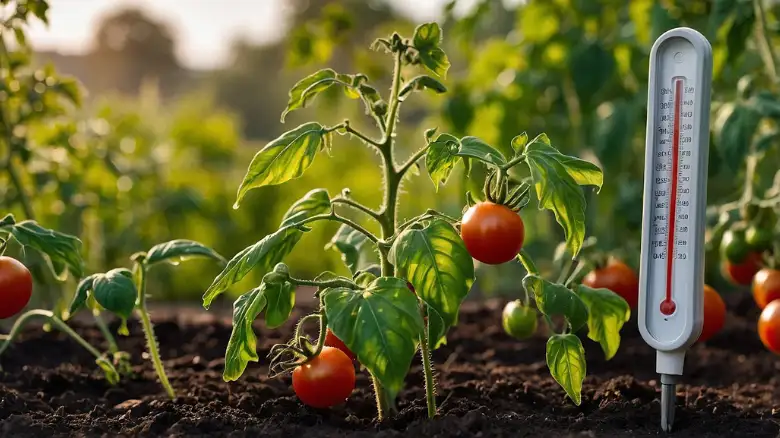 A tomato plant wilting under intense sunlight with a thermometer showing high temperatures