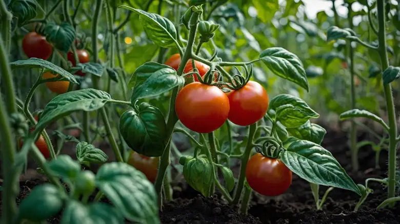 A tomato plant with overly lush, dark green foliage but no flowers or fruit