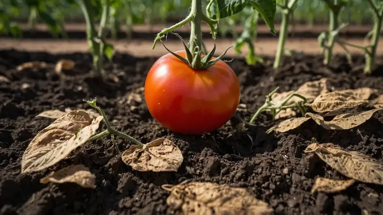 A cracked, dry soil surface around a tomato plant showing signs of water stress