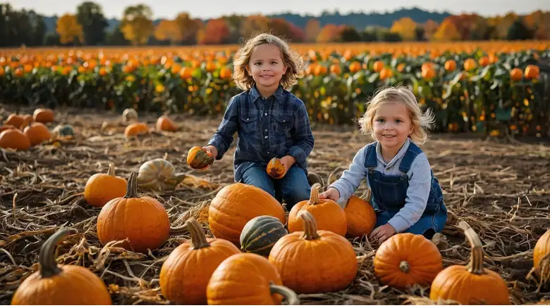 A family in a pumpkin patch during fall, with children picking pumpkins of various sizes and colors, showcasing their cultural and seasonal significance
