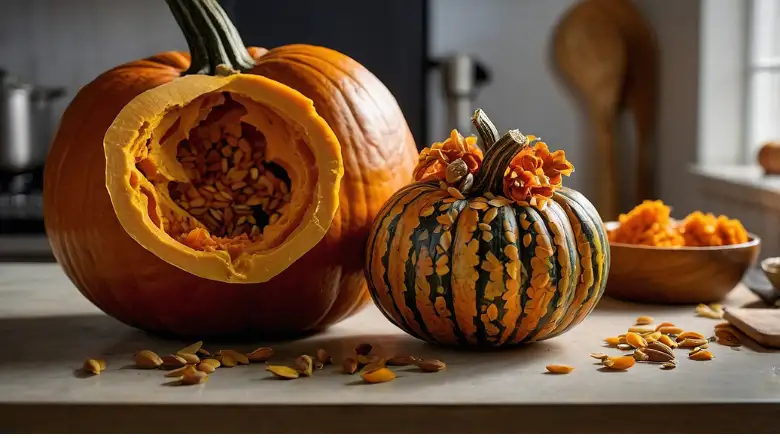 Various parts of a pumpkin displayed creatively on a kitchen counter: flesh in a bowl, roasted seeds in a dish, and a pumpkin shell being carved into a decoration
