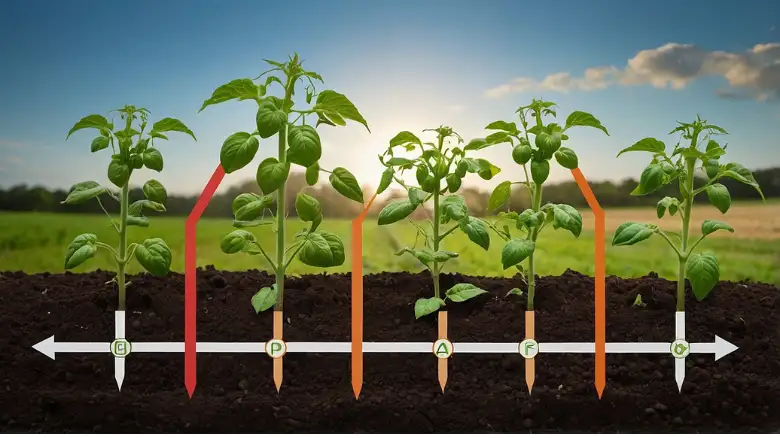 An infographic-style visual showing the stages of a tomato plant's life cycle (seed germination, seedling, vegetative growth, flowering, and fruiting
