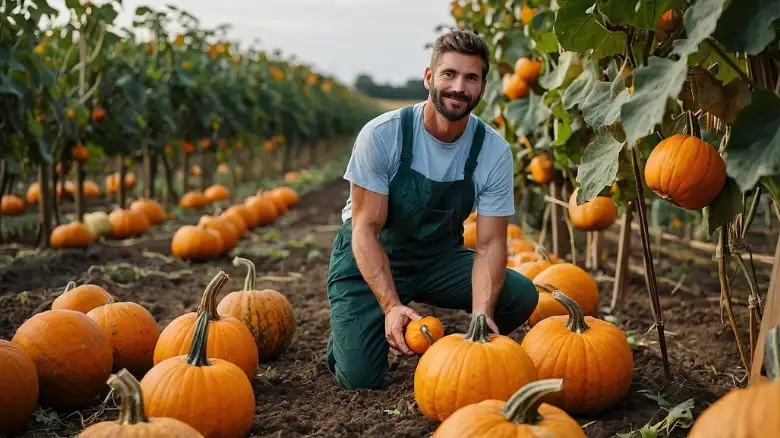 A gardener holding a freshly harvested pumpkin with the stem intact, surrounded by more pumpkins on the vine, ready for picking