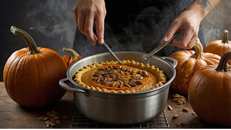 A collage of pumpkin uses: pumpkin flesh being made into a pie, seeds roasting in the oven, a jack-o’-lantern glowing, and pumpkin leaves in a cooking pot