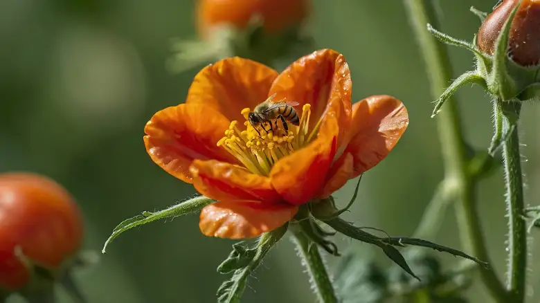 A tomato flower with a bee hovering nearby, showcasing the importance of natural pollination