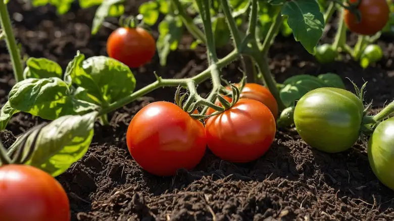 A thriving tomato plant loaded with ripe red tomatoes in a well-maintained garden