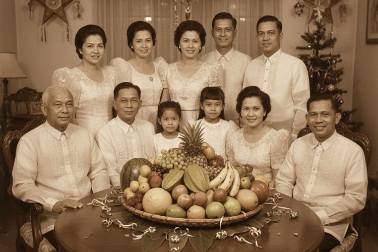 Vintage photograph of a Filipino family Vintage photograph of a Filipino family gathered around a traditional 13 fruits display during New Year celebration