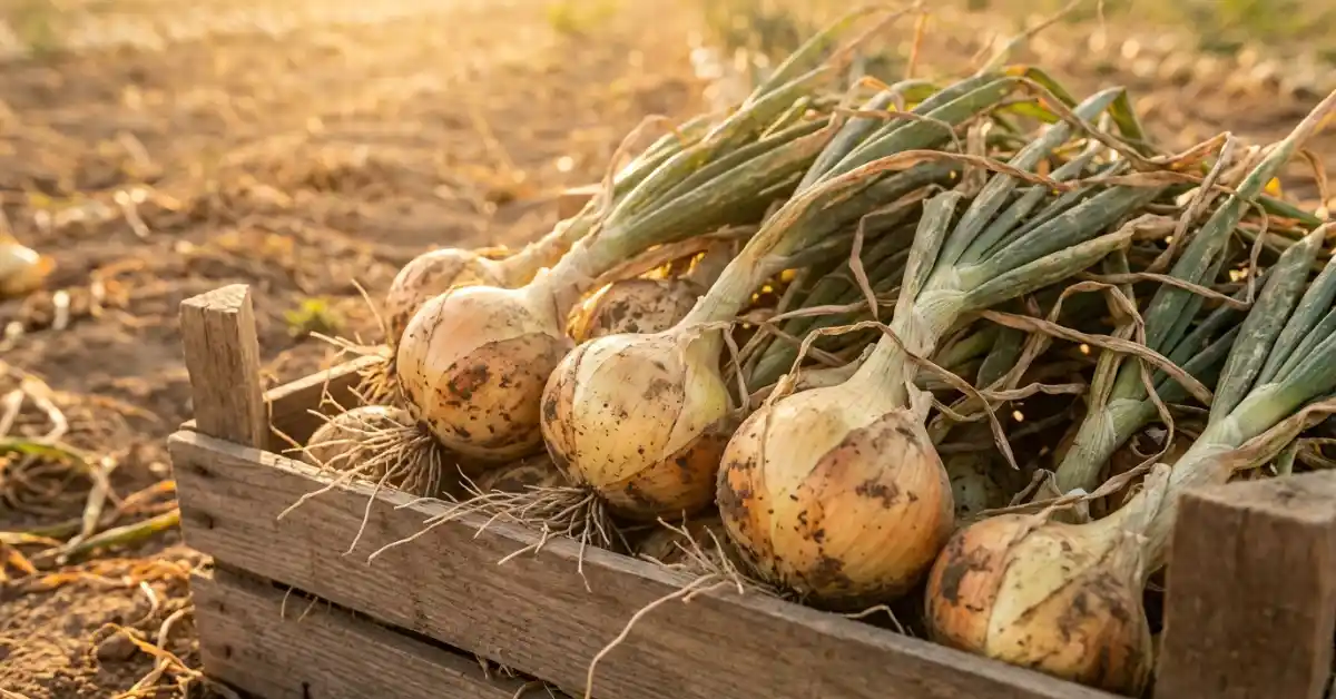 Curing onion outdoor on a container