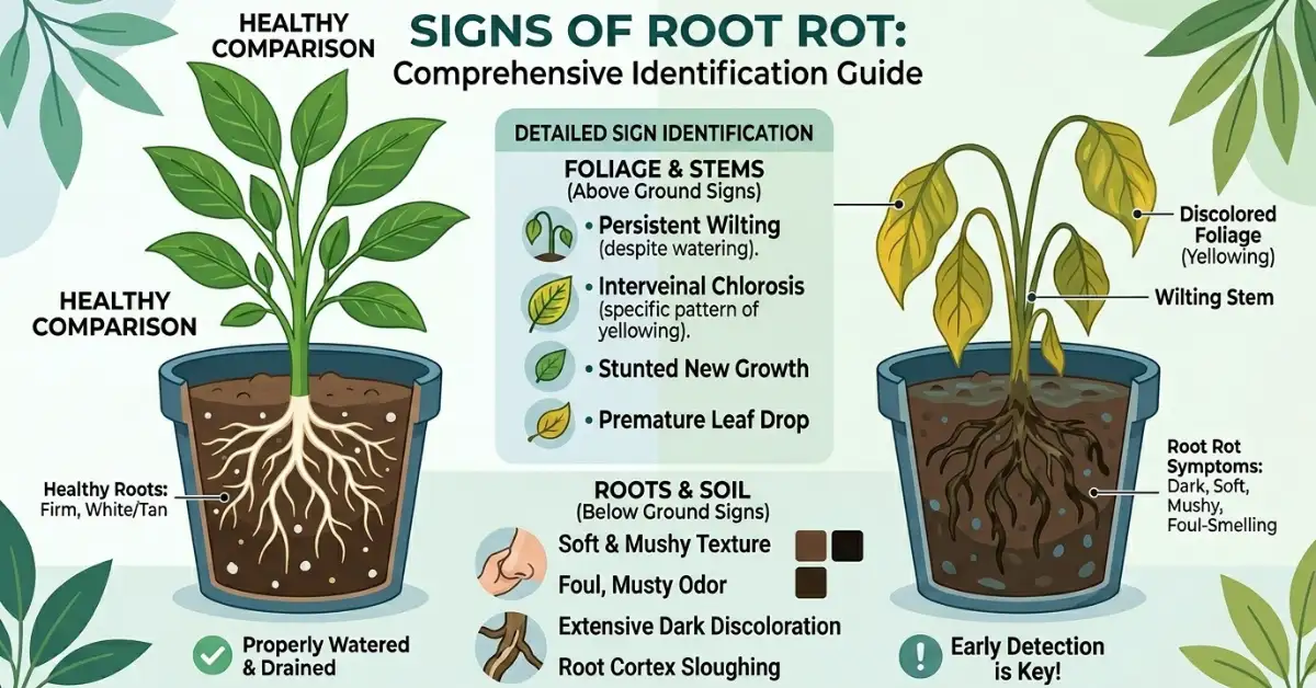 Sign of root rot between healthy plant vs infected plant