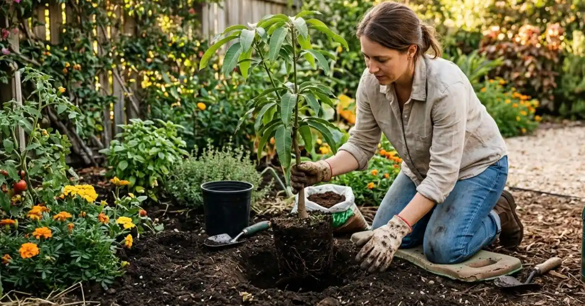 A women transplanting mango tree in a garden