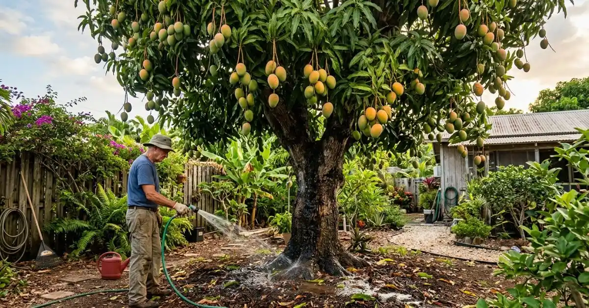 A man watering his mango tree full of ripe fruits