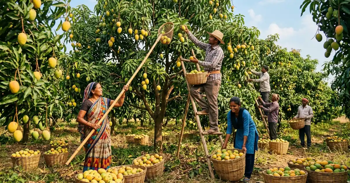 A group of people harvesting ripe Mango from trees in a yard