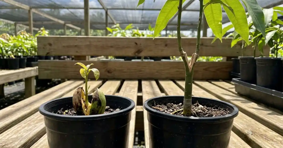 Propagated mango trees on pot placed on the bed