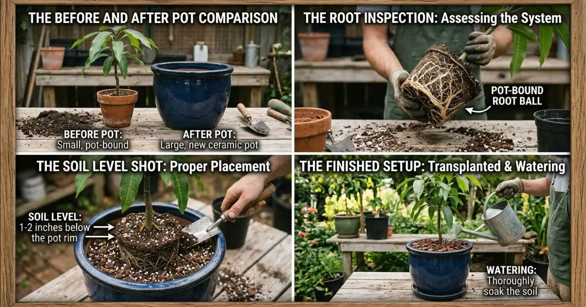 Repotting mango tree from old small pot to new big pot