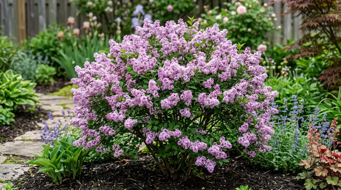 Dwarf Korean lilac flowering in garden